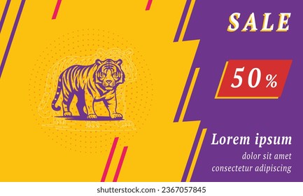 Sale promotion banner with place for your text. On the left is the tiger symbol. Promotional text with discount percentage on the right side. Vector illustration on yellow background