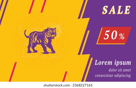 Sale promotion banner with place for your text. On the left is the tiger symbol. Promotional text with discount percentage on the right side. Vector illustration on yellow background