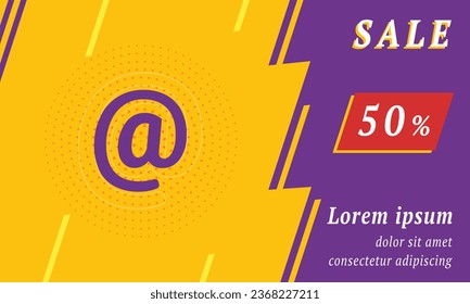 Sale promotion banner with place for your text. On the left is the at symbol. Promotional text with discount percentage on the right side. Vector illustration on yellow background