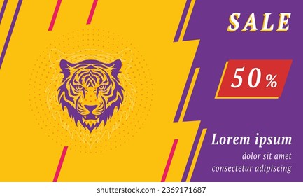 Sale promotion banner with place for your text. On the left is the tiger head symbol. Promotional text with discount percentage on the right side. Vector illustration on yellow background