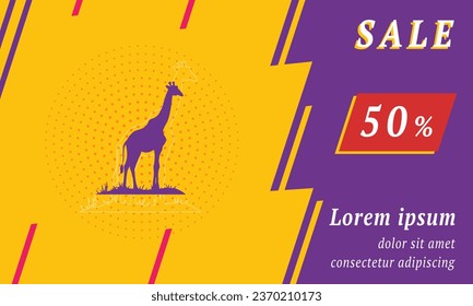 Sale promotion banner with place for your text. On the left is the giraffe symbol. Promotional text with discount percentage on the right side. Vector illustration on yellow background