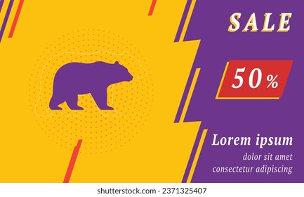 Sale promotion banner with place for your text. On the left is the bear symbol. Promotional text with discount percentage on the right side. Vector illustration on yellow background