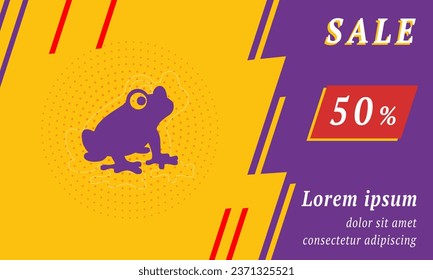 Sale promotion banner with place for your text. On the left is the frog symbol. Promotional text with discount percentage on the right side. Vector illustration on yellow background