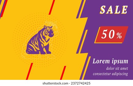 Sale promotion banner with place for your text. On the left is the sitting tiger symbol. Promotional text with discount percentage on the right side. Vector illustration on yellow background