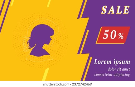 Sale promotion banner with place for your text. On the left is the woman face profile symbol. Promotional text with discount percentage on the right side. Vector illustration on yellow background