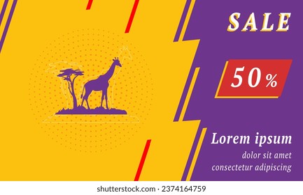 Sale promotion banner with place for your text. On the left is the giraffe symbol. Promotional text with discount percentage on the right side. Vector illustration on yellow background
