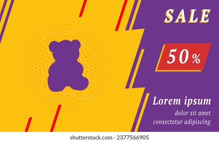 Sale promotion banner with place for your text. On the left is the teddy bear symbol. Promotional text with discount percentage on the right side. Vector illustration on yellow background