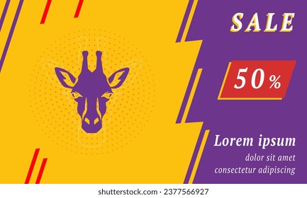 Sale promotion banner with place for your text. On the left is the giraffe head symbol. Promotional text with discount percentage on the right side. Vector illustration on yellow background