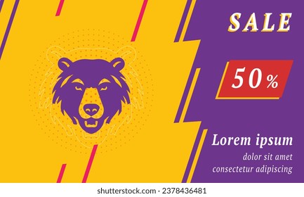 Sale promotion banner with place for your text. On the left is the bear head symbol. Promotional text with discount percentage on the right side. Vector illustration on yellow background