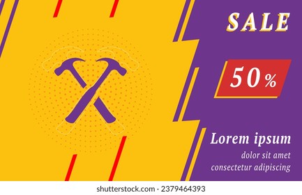 Sale promotion banner with place for your text. On the left is the crossed hammers symbol. Promotional text with discount percentage on the right side. Vector illustration on yellow background