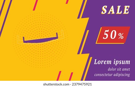 Sale promotion banner with place for your text. On the left is the two-handed saw. Promotional text with discount percentage on the right side. Vector illustration on yellow background