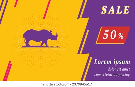 Sale promotion banner with place for your text. On the left is the wild rhino symbol. Promotional text with discount percentage on the right side. Vector illustration on yellow background