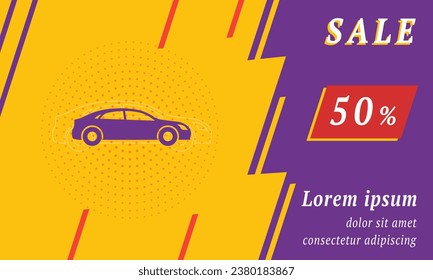 Sale promotion banner with place for your text. On the left is the car symbol. Promotional text with discount percentage on the right side. Vector illustration on yellow background