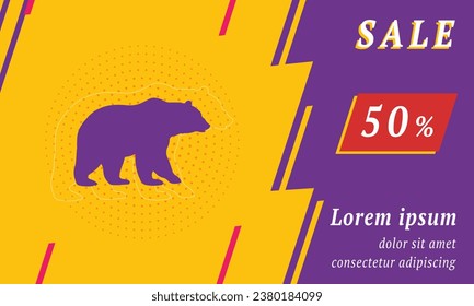 Sale promotion banner with place for your text. On the left is the bear icon. Promotional text with discount percentage on the right side. Vector illustration on yellow background