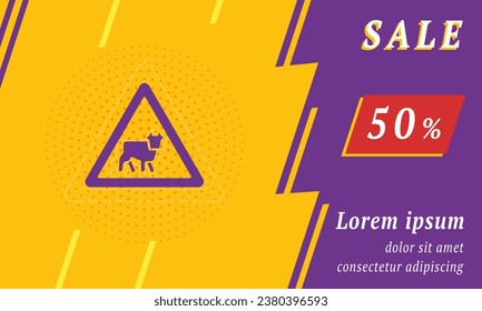 Sale promotion banner with place for your text. On the left is the pets road sign. Promotional text with discount percentage on the right side. Vector illustration on yellow background