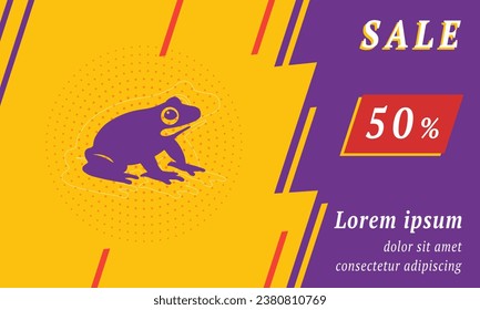 Sale promotion banner with place for your text. On the left is the funny frog. Promotional text with discount percentage on the right side. Vector illustration on yellow background