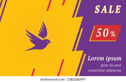 Sale promotion banner with place for your text. On the left is the bird symbol. Promotional text with discount percentage on the right side. Vector illustration on yellow background