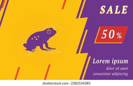 Sale promotion banner with place for your text. On the left is the frog symbol. Promotional text with discount percentage on the right side. Vector illustration on yellow background