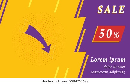 Sale promotion banner with place for your text. On the left is the down arrow. Promotional text with discount percentage on the right side. Vector illustration on yellow background