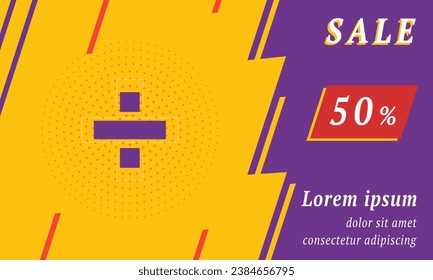 Sale promotion banner with place for your text. On the left is the division symbol. Promotional text with discount percentage on the right side. Vector illustration on yellow background