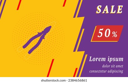 Sale promotion banner with place for your text. On the left is the pliers symbol. Promotional text with discount percentage on the right side. Vector illustration on yellow background