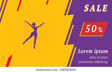 Sale promotion banner with place for your text. On the left is the dancing girl symbol. Promotional text with discount percentage on the right side. Vector illustration on yellow background