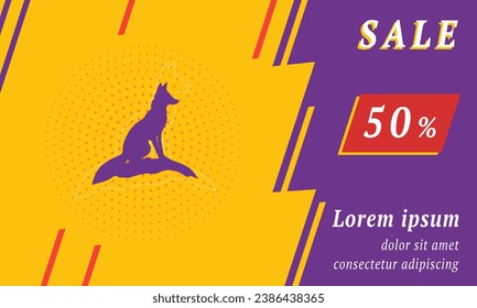 Sale promotion banner with place for your text. On the left is the fox symbol. Promotional text with discount percentage on the right side. Vector illustration on yellow background
