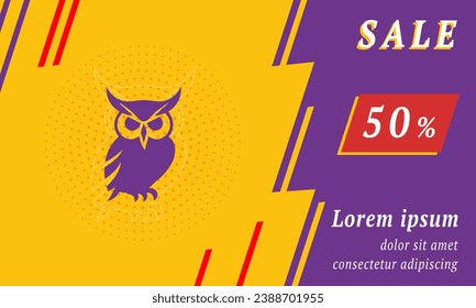 Sale promotion banner with place for your text. On the left is the owl symbol. Promotional text with discount percentage on the right side. Vector illustration on yellow background