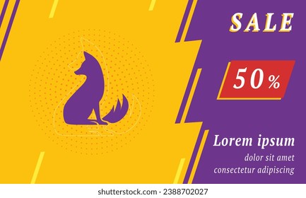 Sale promotion banner with place for your text. On the left is the fox symbol. Promotional text with discount percentage on the right side. Vector illustration on yellow background