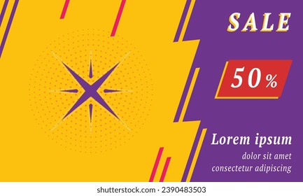 Sale promotion banner with place for your text. On the left is the star symbol. Promotional text with discount percentage on the right side. Vector illustration on yellow background