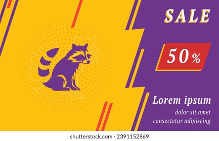 Sale promotion banner with place for your text. On the left is the raccoon symbol. Promotional text with discount percentage on the right side. Vector illustration on yellow background