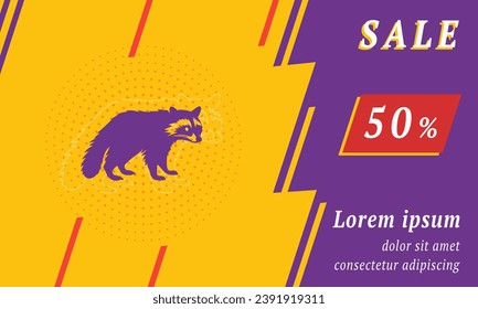 Sale promotion banner with place for your text. On the left is the raccoon symbol. Promotional text with discount percentage on the right side. Vector illustration on yellow background
