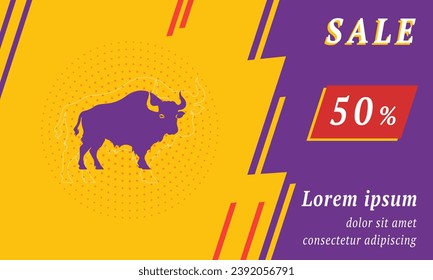 Sale promotion banner with place for your text. On the left is the buffalo symbol. Promotional text with discount percentage on the right side. Vector illustration on yellow background