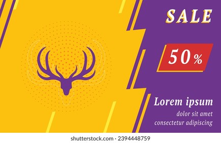 Sale promotion banner with place for your text. On the left is the deer horns symbol. Promotional text with discount percentage on the right side. Vector illustration on yellow background
