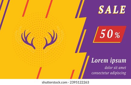 Sale promotion banner with place for your text. On the left is the deer horns symbol. Promotional text with discount percentage on the right side. Vector illustration on yellow background