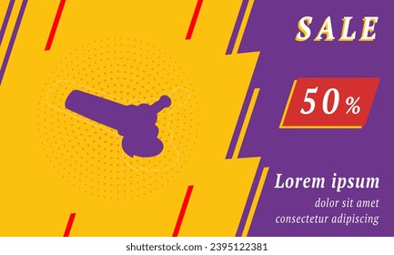 Sale promotion banner with place for your text. On the left is the angle grinder symbol. Promotional text with discount percentage on the right side. Vector illustration on yellow background