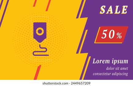 Sale promotion banner with place for your text. On the left is the 3D printer symbol. Promotional text with discount percentage on the right side. Vector illustration on yellow background