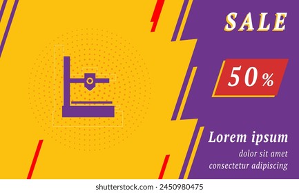 Sale promotion banner with place for your text. On the left is the small 3D printer symbol. Promotional text with discount percentage on the right side. Vector illustration on yellow background