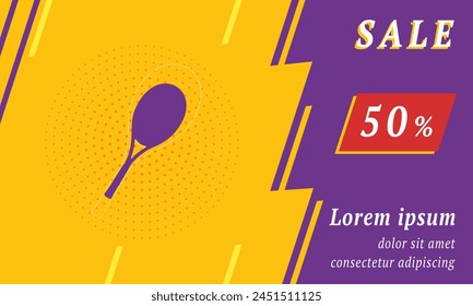 Sale promotion banner with place for your text. On the left is the tennis racket symbol. Promotional text with discount percentage on the right side. Vector illustration on yellow background