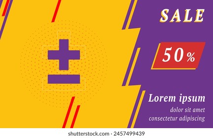 Sale promotion banner with place for your text. On the left is the plus–minus sign. Promotional text with discount percentage on the right side. Vector illustration on yellow background