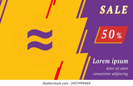 Sale promotion banner with place for your text. On the left is the approximately equal symbol. Promotional text with discount percentage on the right side. Vector illustration on yellow background