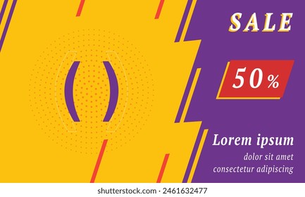 Sale promotion banner with place for your text. On the left is the brackets symbol. Promotional text with discount percentage on the right side. Vector illustration on yellow background