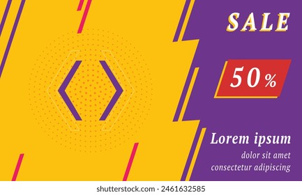 Sale promotion banner with place for your text. On the left is the angle brackets symbol. Promotional text with discount percentage on the right side. Vector illustration on yellow background