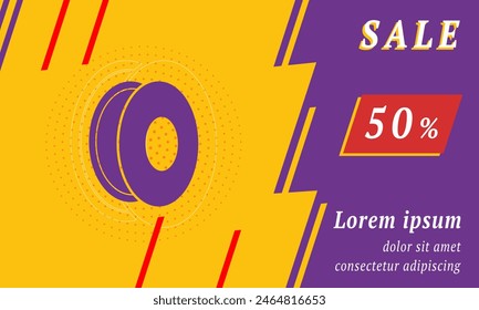 Sale promotion banner with place for your text. On the left is the 3D printing filament symbol. Promotional text with discount percentage on the right side. Vector illustration on yellow background