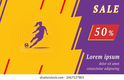 Sale promotion banner with place for your text. On the left is the female football symbol. Promotional text with discount percentage on the right side. Vector illustration on yellow background