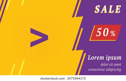 Sale promotion banner with place for your text. On the left is the greater symbol. Promotional text with discount percentage on the right side. Vector illustration on yellow background