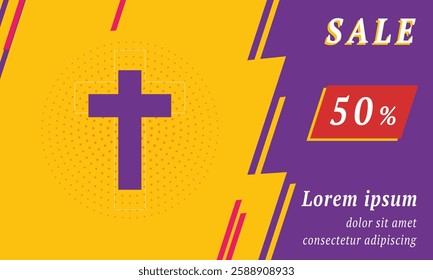 Sale promotion banner with place for your text. On the left is the cross symbol. Promotional text with discount percentage on the right side. Vector illustration on yellow background