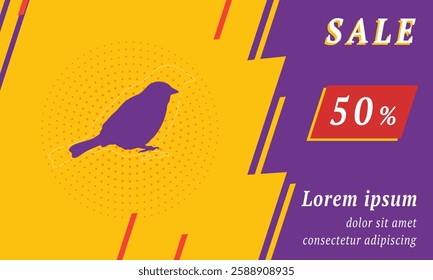 Sale promotion banner with place for your text. On the left is the bird sparrow symbol. Promotional text with discount percentage on the right side. Vector illustration on yellow background