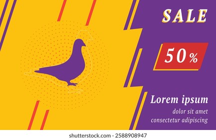 Sale promotion banner with place for your text. On the left is the bird pigeon symbol. Promotional text with discount percentage on the right side. Vector illustration on yellow background