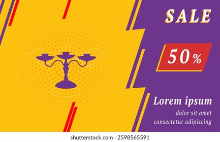 Sale promotion banner with place for your text. On the left is the candlestick symbol. Promotional text with discount percentage on the right side. Vector illustration on yellow background